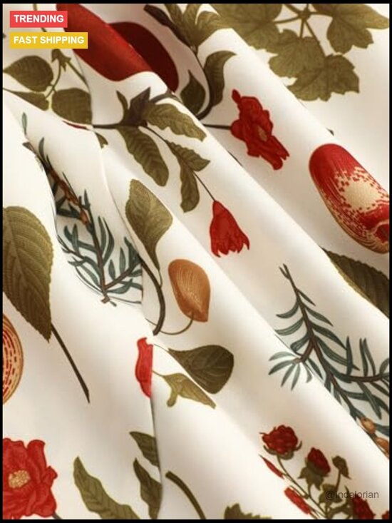 Plus Size Square Neck Puff Sleeve Floral Fruit Midi Dress - Picture 4 of 6